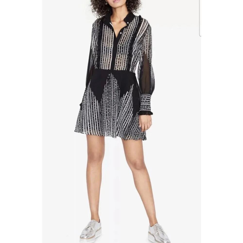 Rachel Roy Black White Print Mini Dress Size 0 | Sheer Long Sleeve Shirt Dress